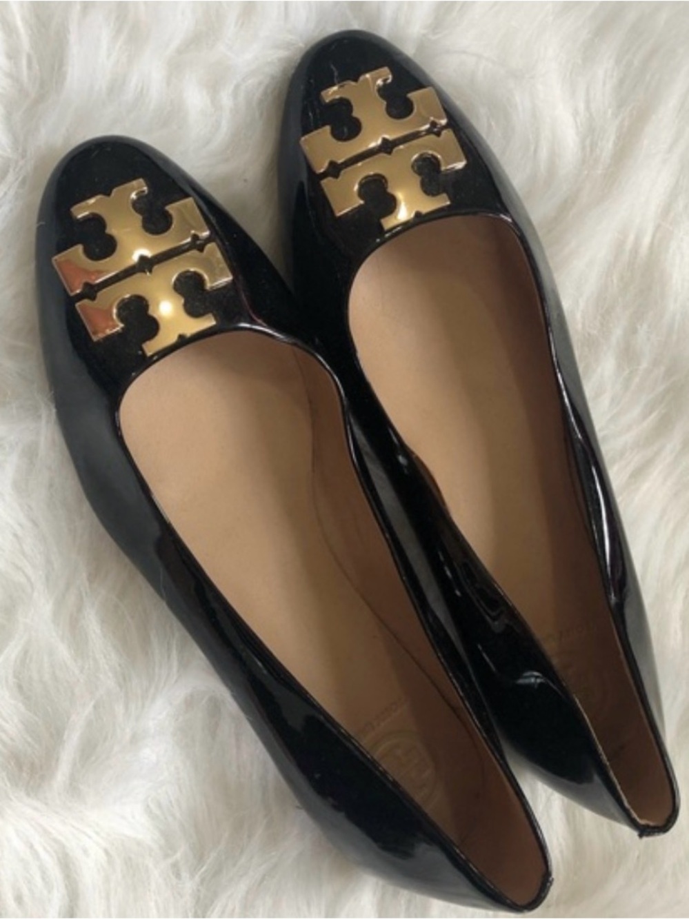 Tory Burch Black Patent Flats with Gold Logo Plaque